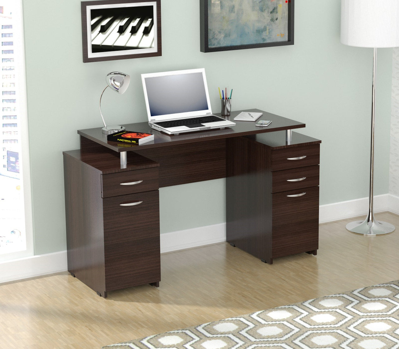 Espresso Finish Wood Computer Desk with Four Drawers-0