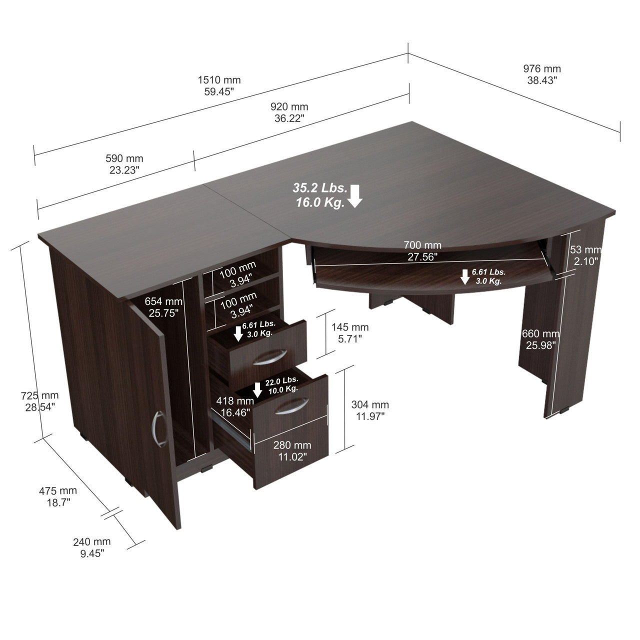 Espresso Finish Wood L Shape Corner Computer Desk-3