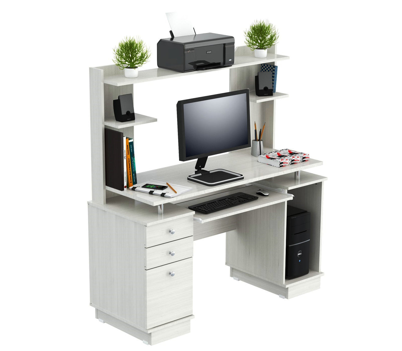White Finish Wood Computer Desk with Hutch-1