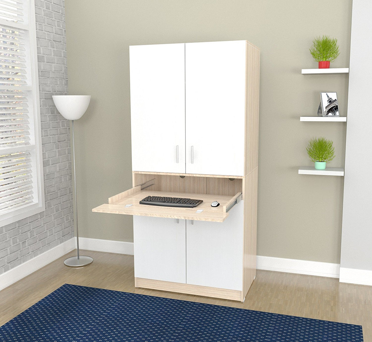 White and Natural Finish Wood Computer Hutch Desk-5
