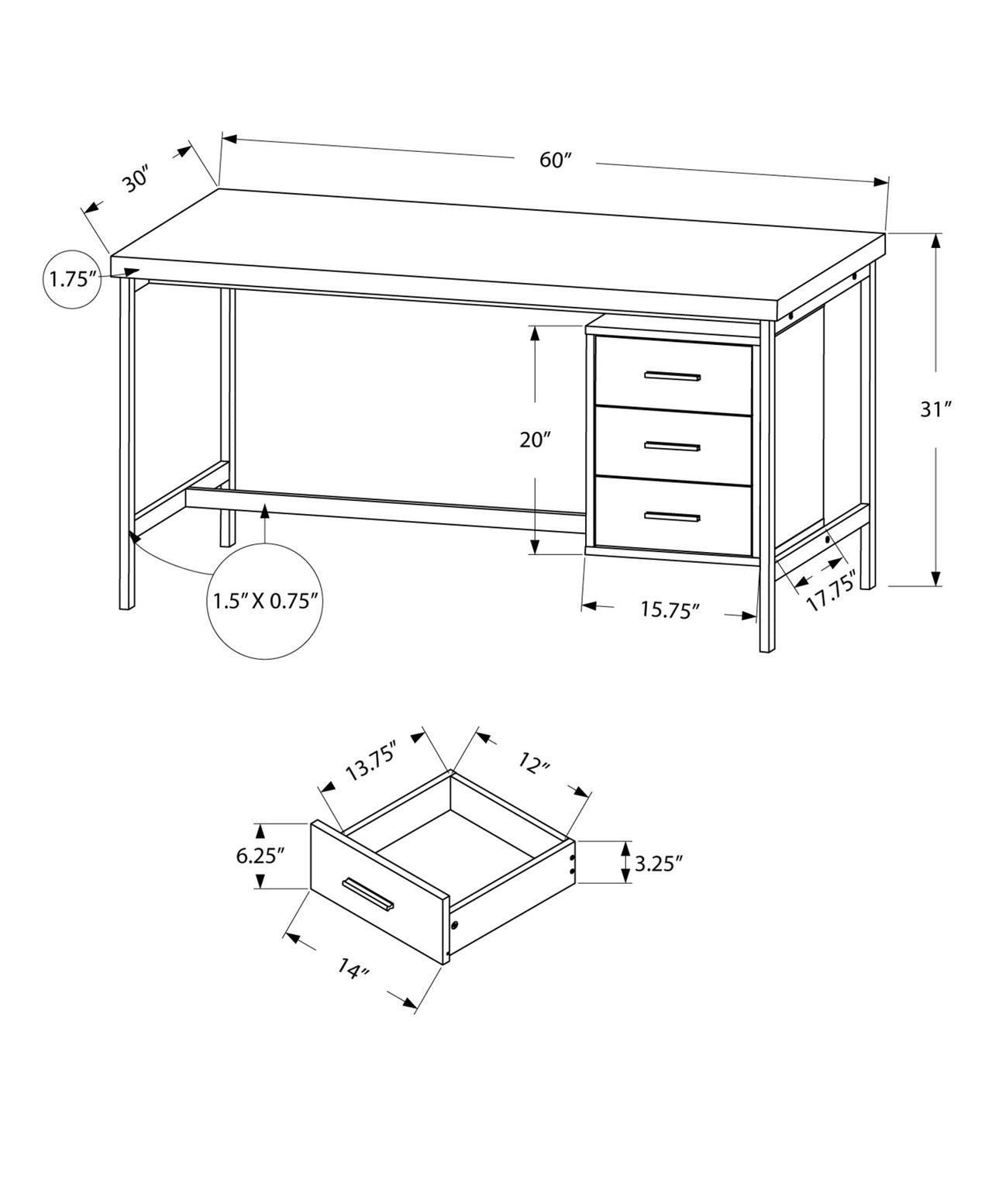 30" White Rectangular Computer Desk With Three Drawers-2