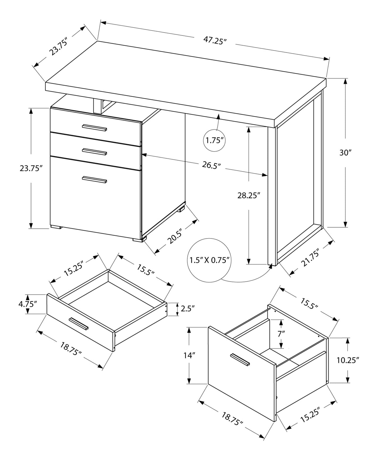 24" Black Rectangular Computer Desk With Three Drawers-3