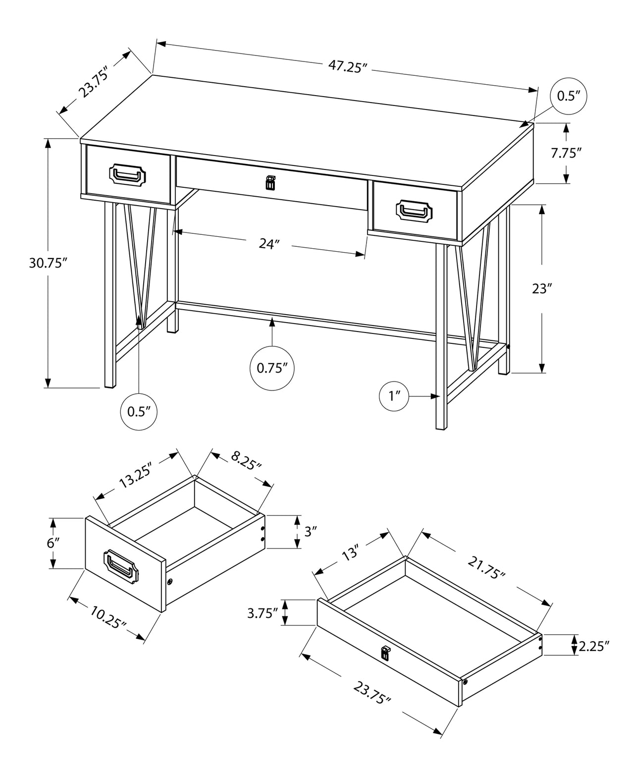 24" Grey Rectangular Computer Desk With Three Drawers-2