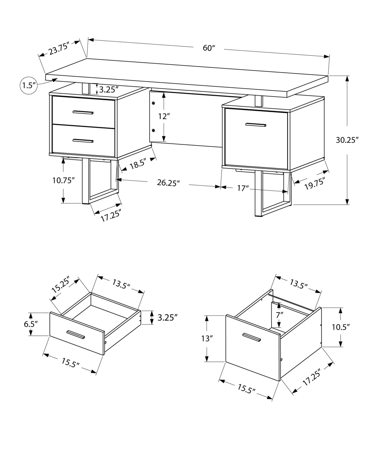 60" Modern Rustic 3 Drawer Computer Desk-2