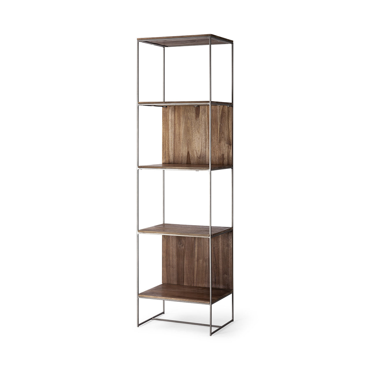 Brown Wood and Silver Metal Frame with 4 Shelf Shelving Unit-0