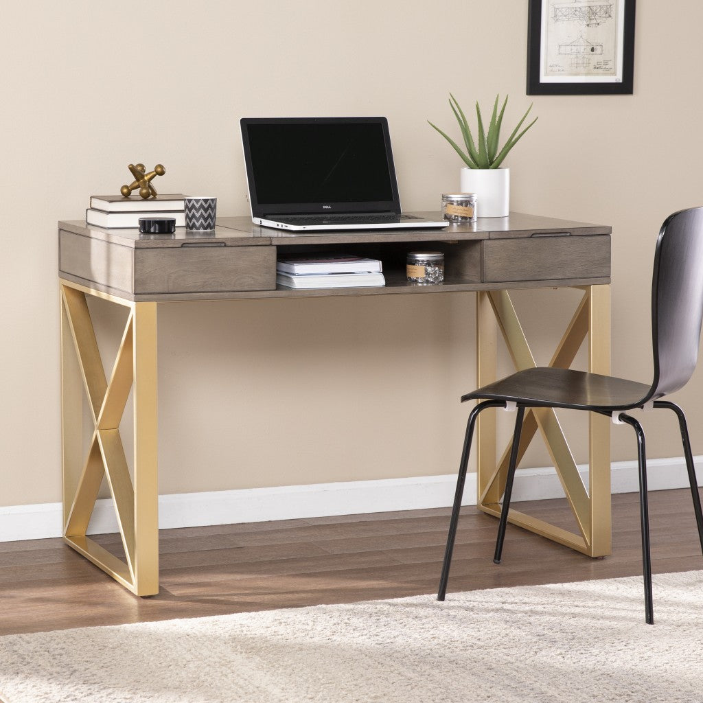 Modern Gray and Gold Writing Desk with Storage-0