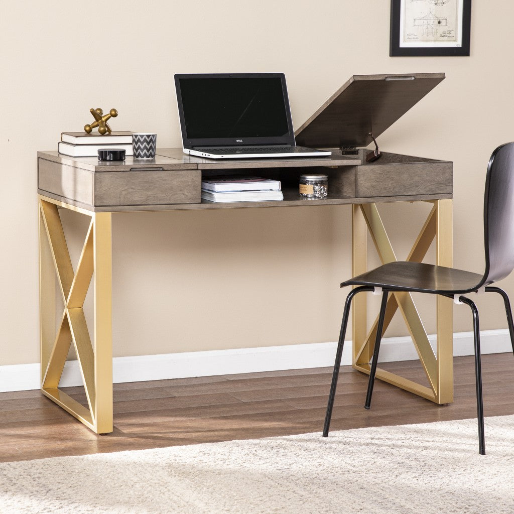Modern Gray and Gold Writing Desk with Storage-1