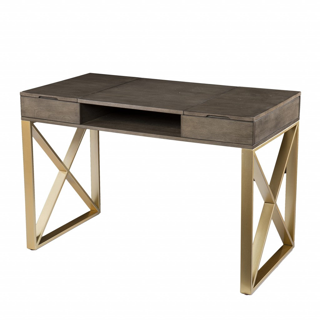 Modern Gray and Gold Writing Desk with Storage-3