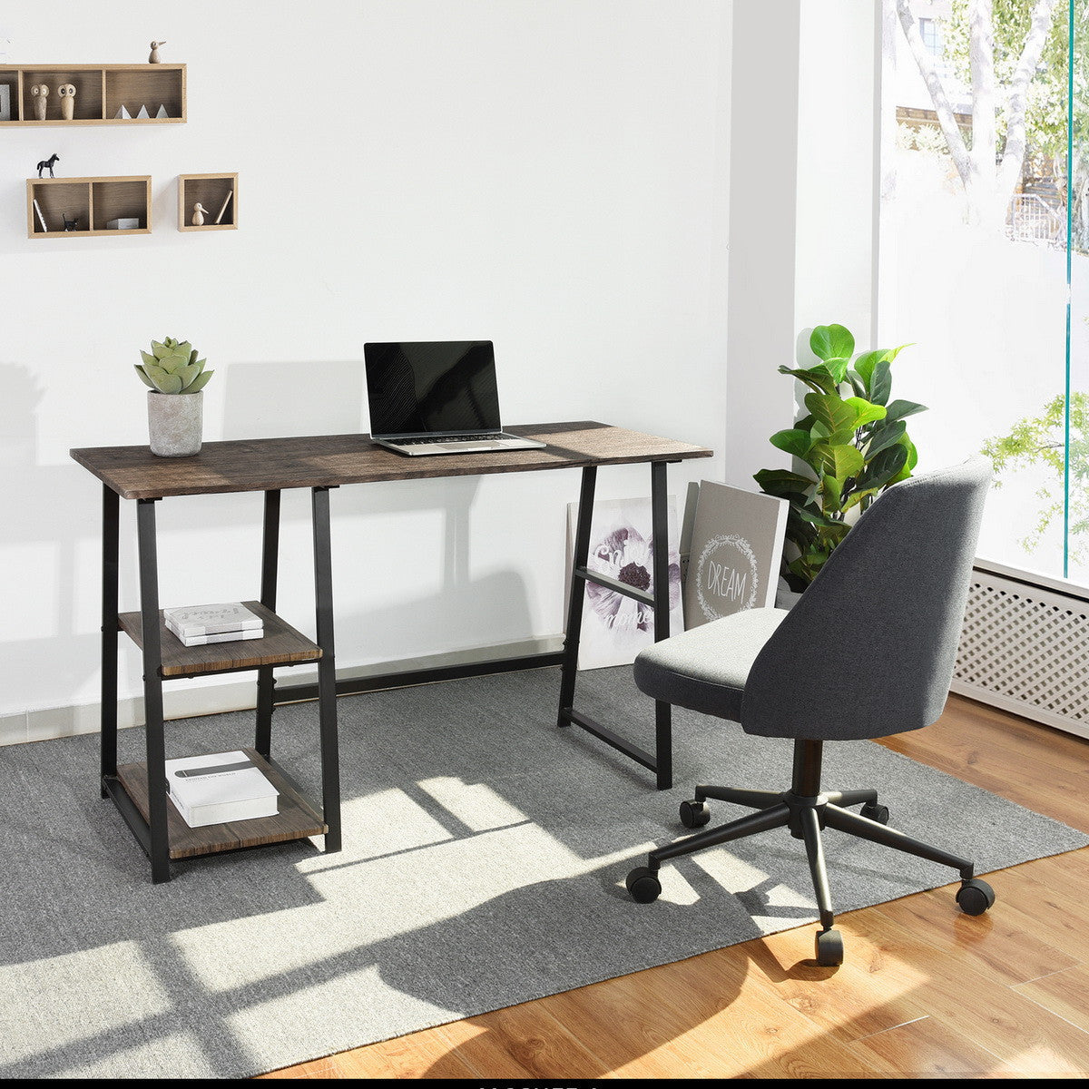 Modern Home Office Computer Table With Storage Shelves - Vintage Brown-0