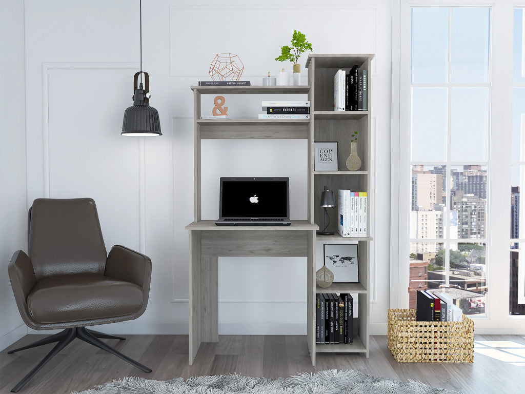 Modern Light Gray Office Desk with Storage Cabinet-0