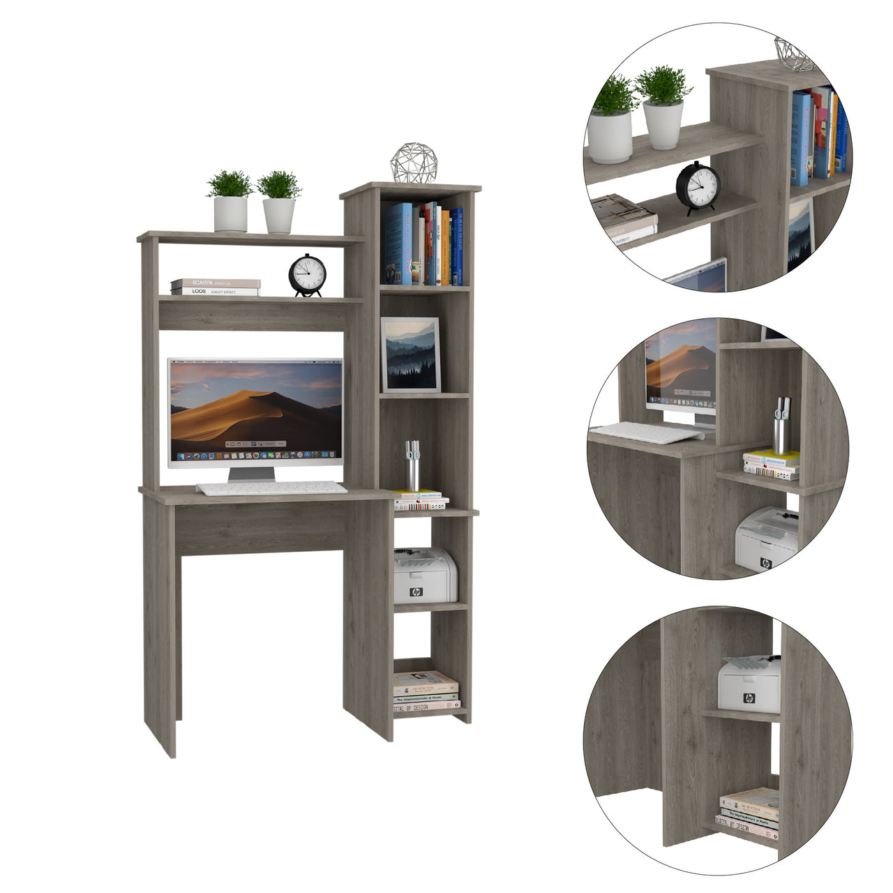 Modern Light Gray Office Desk with Storage Cabinet-2